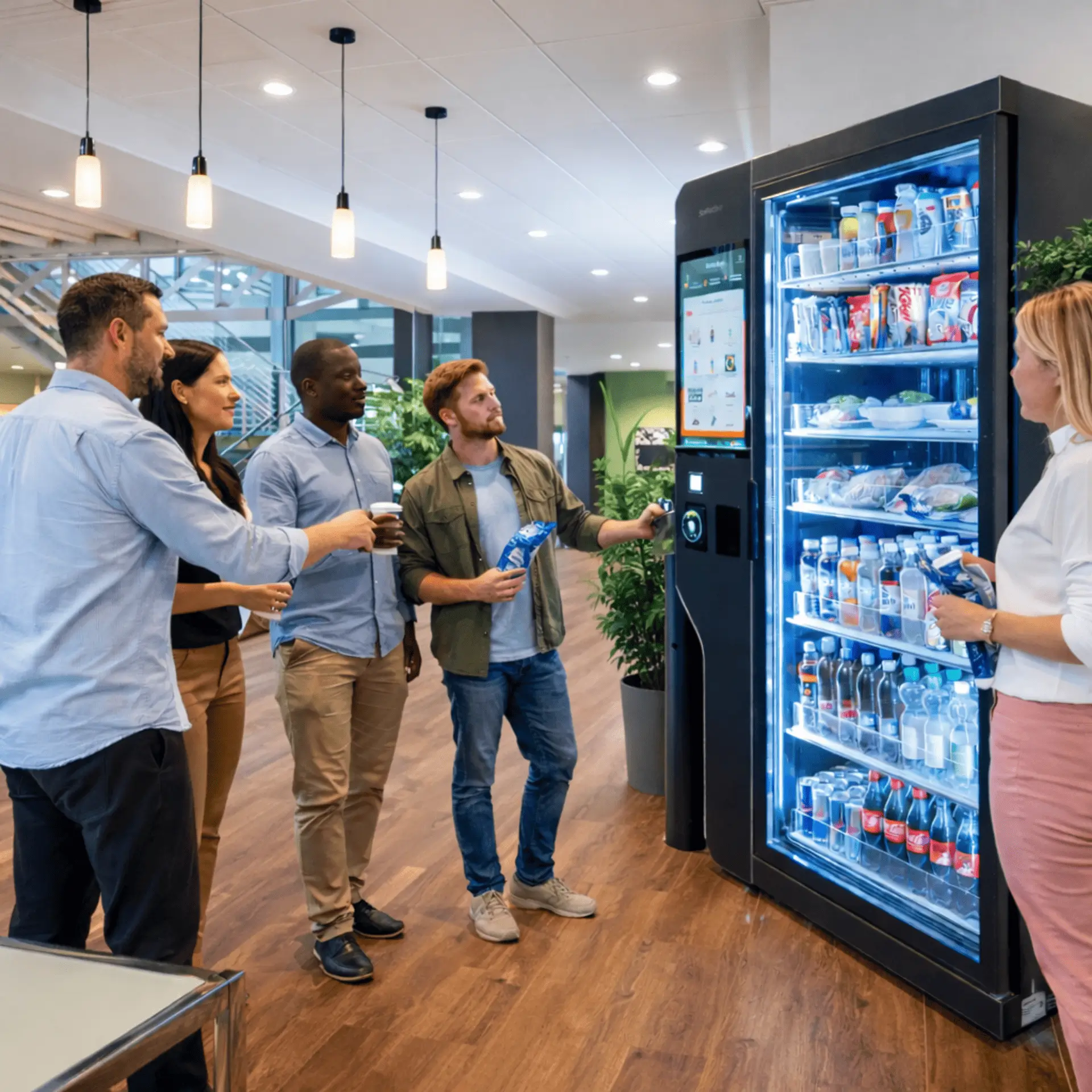 Skupina zaposlenih izbira izdelke na pametnem vending avtomatu