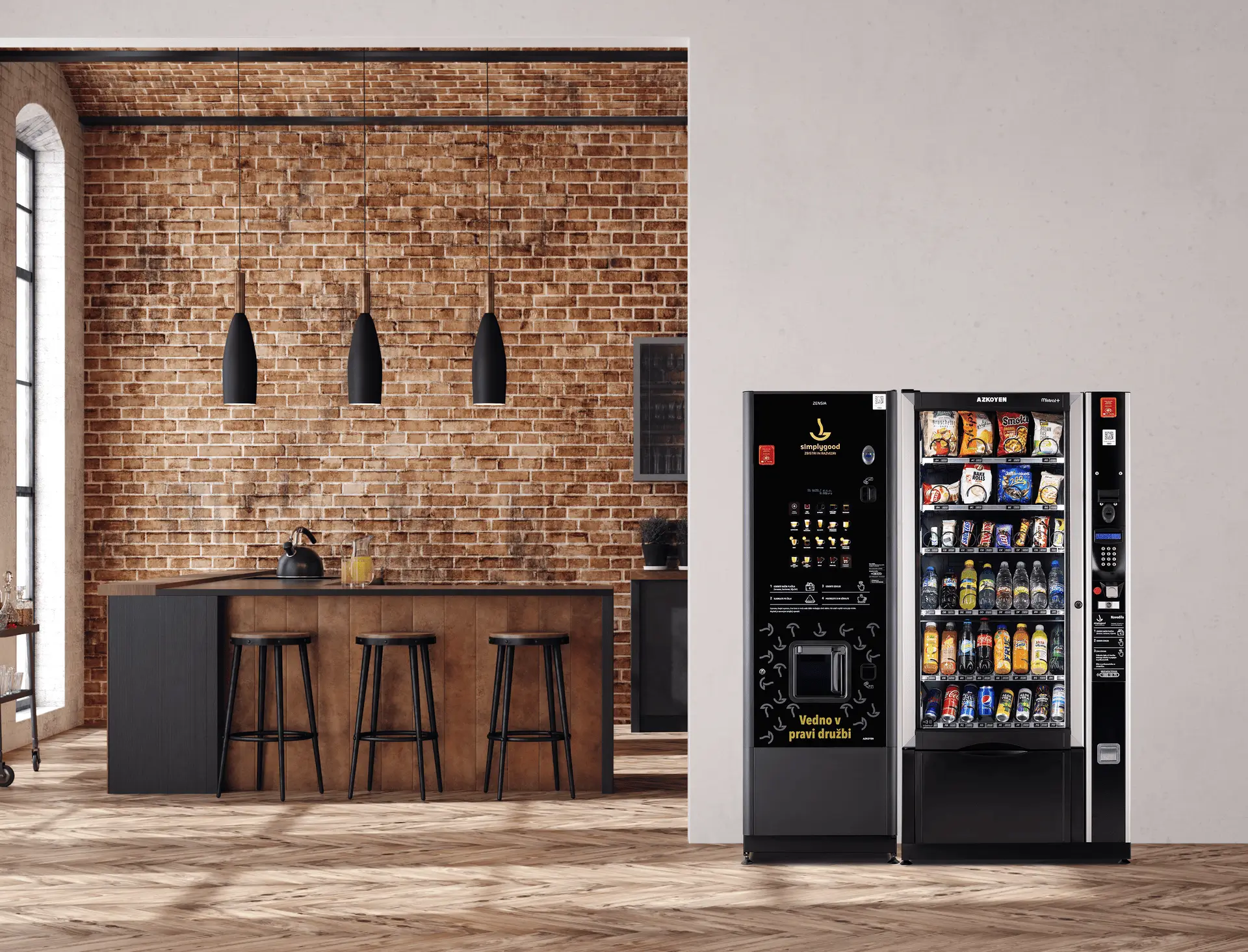 Avtomat za kavo in prigrizke ob industrijski opečnati steni