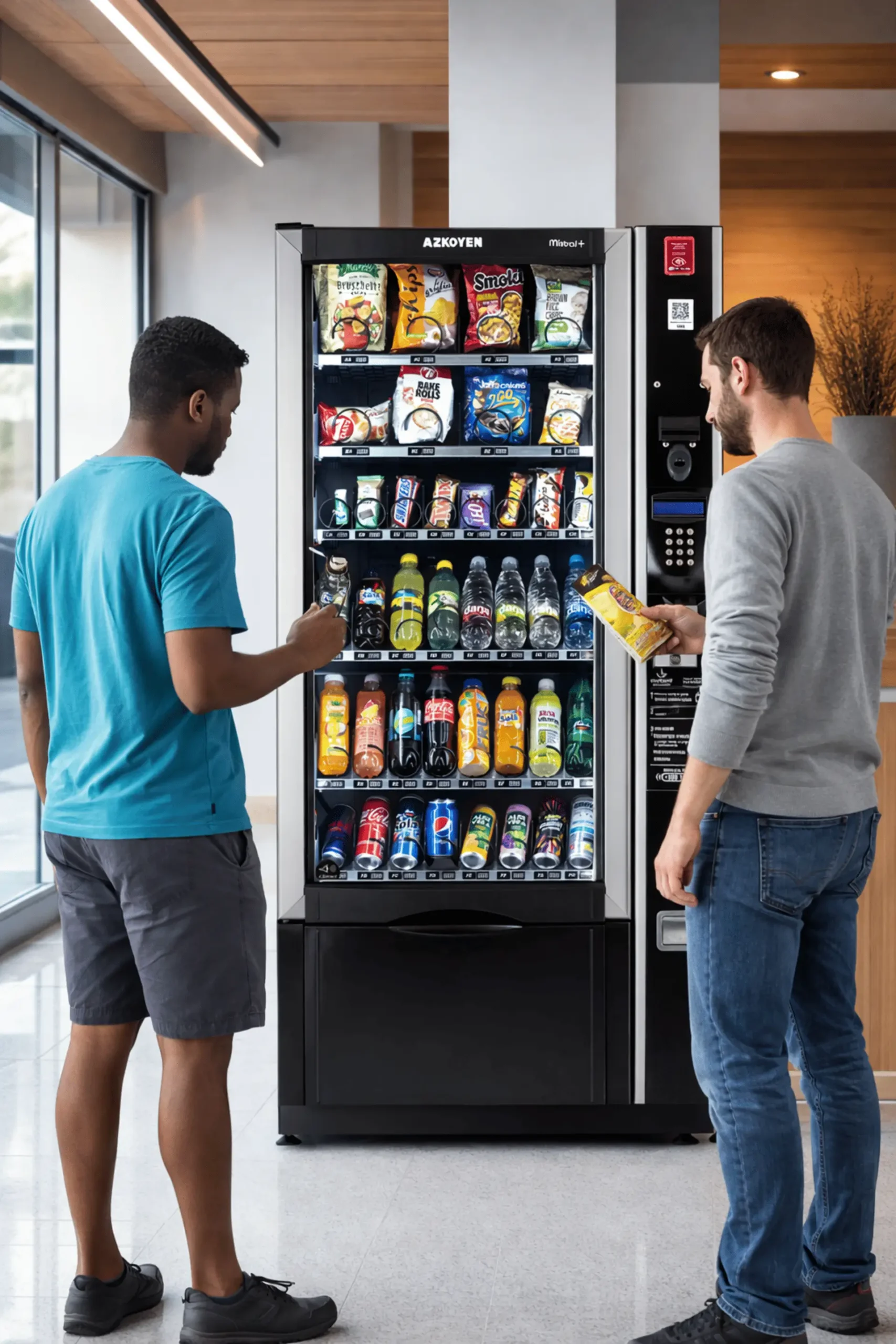 Dva moška izbirata prigrizke na sodobnem vending avtomatu v poslovni stavbi